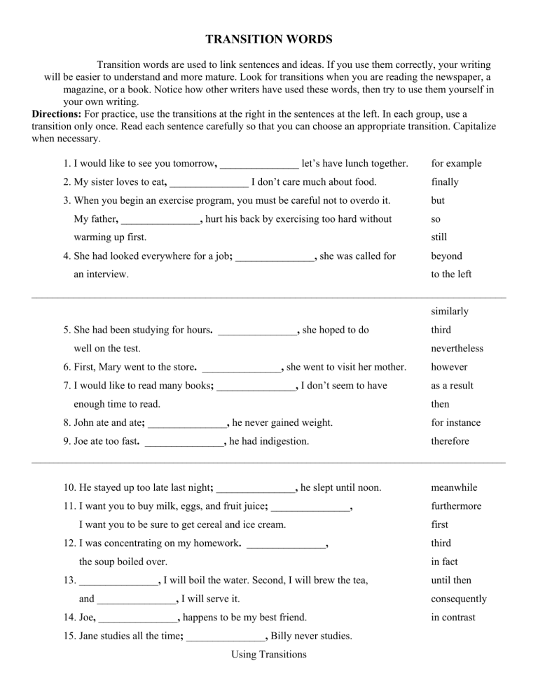 17 Writing Transition Words Worksheet Worksheeto Com