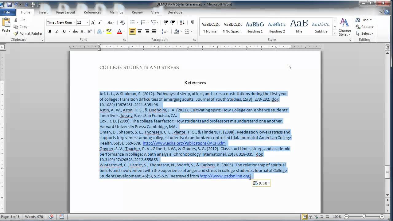 Apa In Microsoft Word The References Page Step 6 Youtube