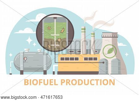 Biofuel Production Flat Design Concept Demonstrating Processing Plant For Converting Biomass