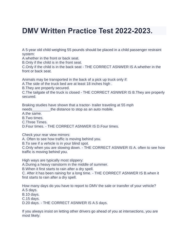 Dmv Written Practice Test 2022 2023 Teaching Resources