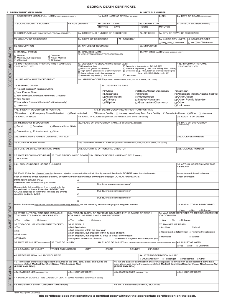 Fillable Online Georgia Death Certificate Fax Email Print Pdffiller