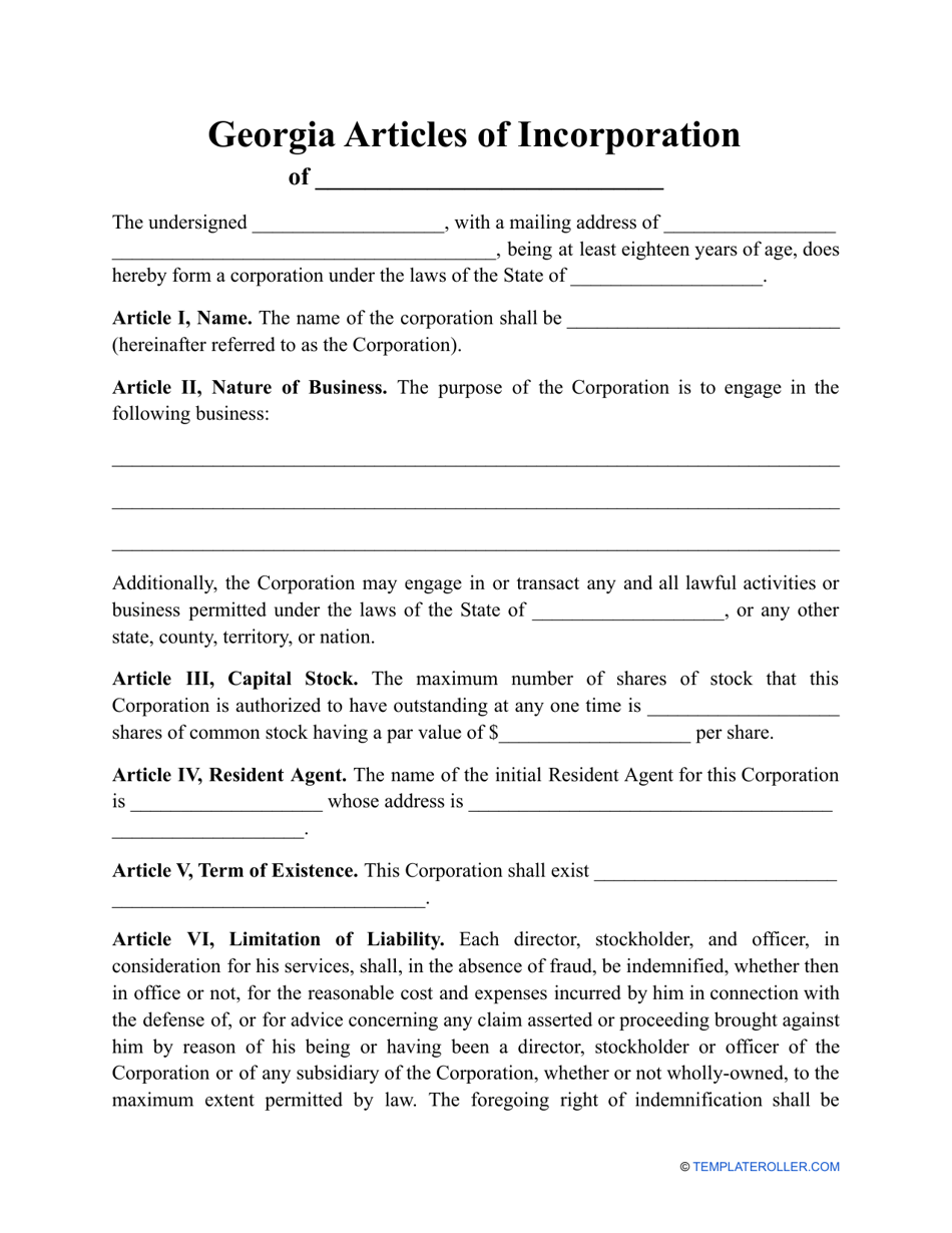 Free Georgia Articles Of Incorporation Template Ga Division Of