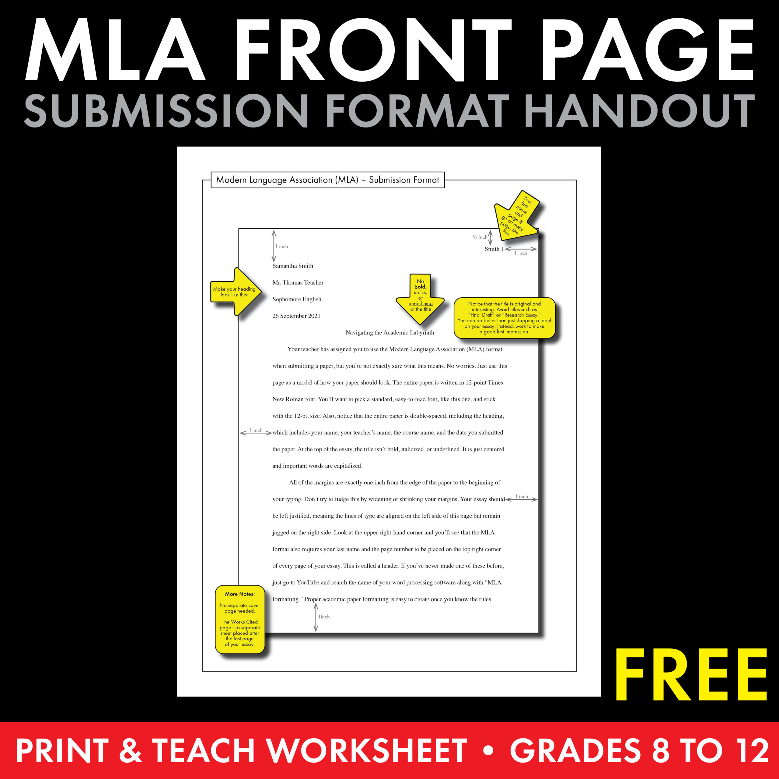 Mla Paper Formatting Free Handout To Model M L A Front Page