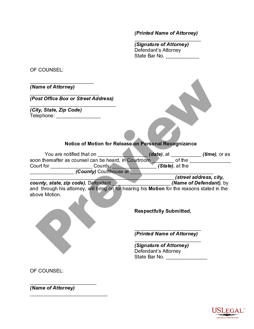 Motion For Release On Personal Recognizance Recognizance Us Legal Forms