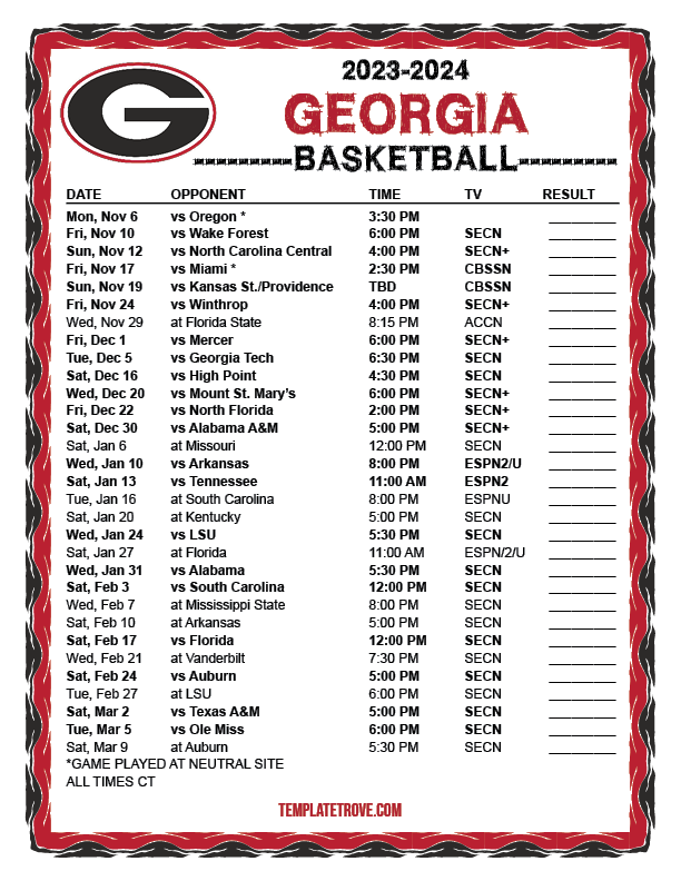 Printable 2023 2024 Georgia Bulldogs Basketball Schedule