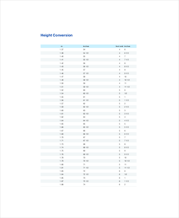 Printable Height Conversion Chart